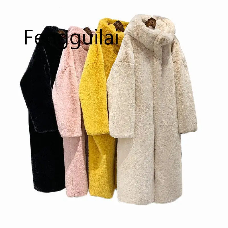 

New Autumn Winter Fur Coat Women Clothes High Quality Imitation Mink Fur Hooded Plus Size Thicken Warm Long Coats Female