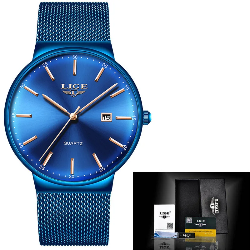 Full Blue LIGE модные мужские часы Топ бренд класса люкс водонепроницаемые спортивные часы мужские Ультра-тонкие сетчатые Стальные кварцевые часы Relogio Masculino - Цвет: Full Blue
