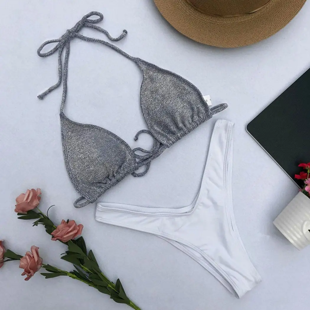Модный сексуальный комплект бикини с v-образным вырезом блестящий купальник без