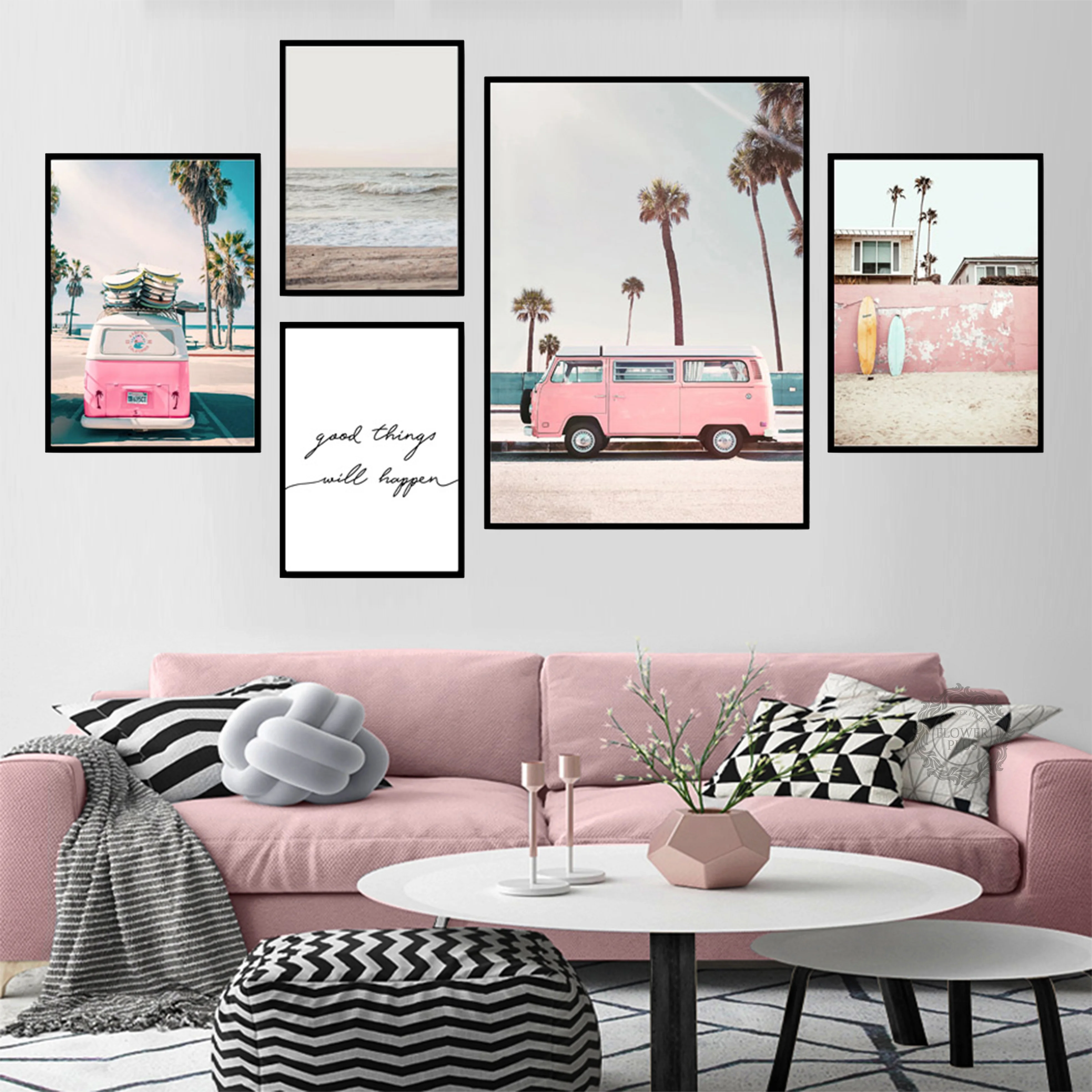 

Pink Bus Sky Sea Beach Coconut Palm Quote Nordic Posters And Prints Wall Art Canvas Painting Wall Pictures For Living Room Decor