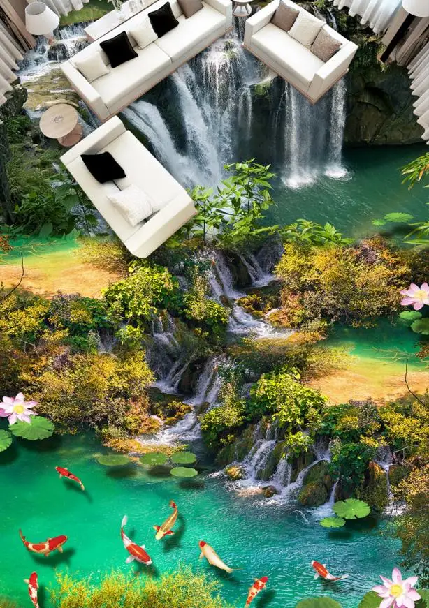 Настраиваемые настенные бумаги домашний декор 3d Пол лотос карп водопад