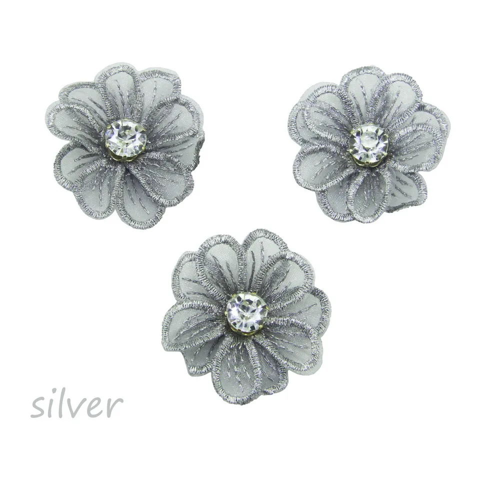 silver 12 шт./пакет 4 см Искусственный цветок горный хрусталь вышивка цветок женская головная повязка DIY Поставки невесты украшение букетов домашнее - Цвет: silver
