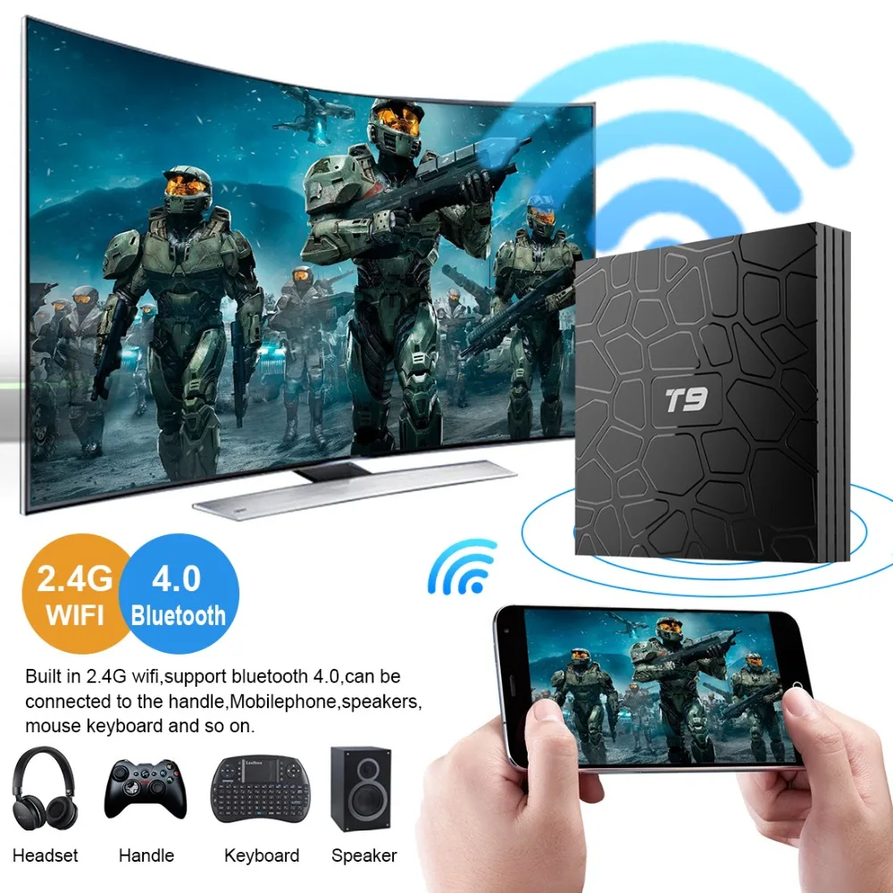 Новый ТВ бокс T9 Android 8 1 4GB64GB Rockchip RK3328 32G BT4.1 Wifi 1080 P H.265 4 K VP9 10 проигрыватель Google Smart set