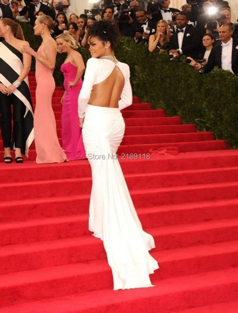 Стиль Rihanna белые сексуальные платья знаменитостей с красной ковровой дорожкой сексуальное длинное платье русалки с высоким воротником и кристаллами с Открытой Спиной вязаное вечернее платье