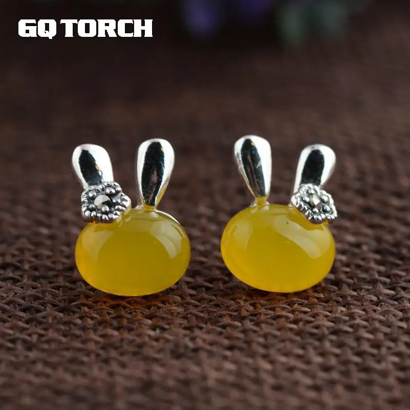 GQTORCH 925 Sterling Silver Earrings For Women Inlaid Natural Red Agate Onyx Yellow Chalcedony Cute Cartoon Lovely Rabbit Girls | Украшения