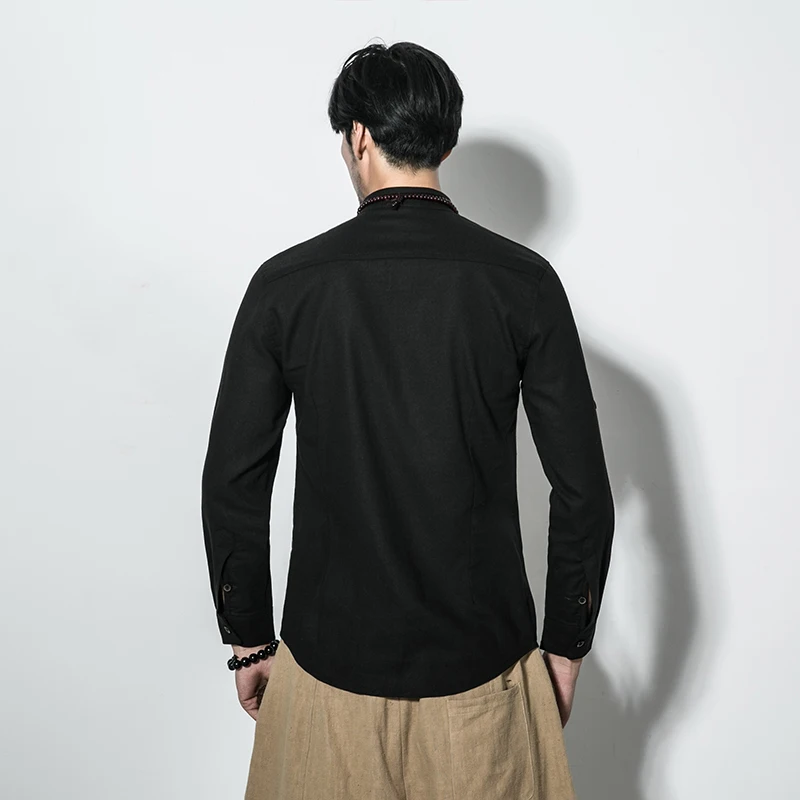 Мужская джинсовая рубашка повседневная приталенная из хлопка и льна с длинным