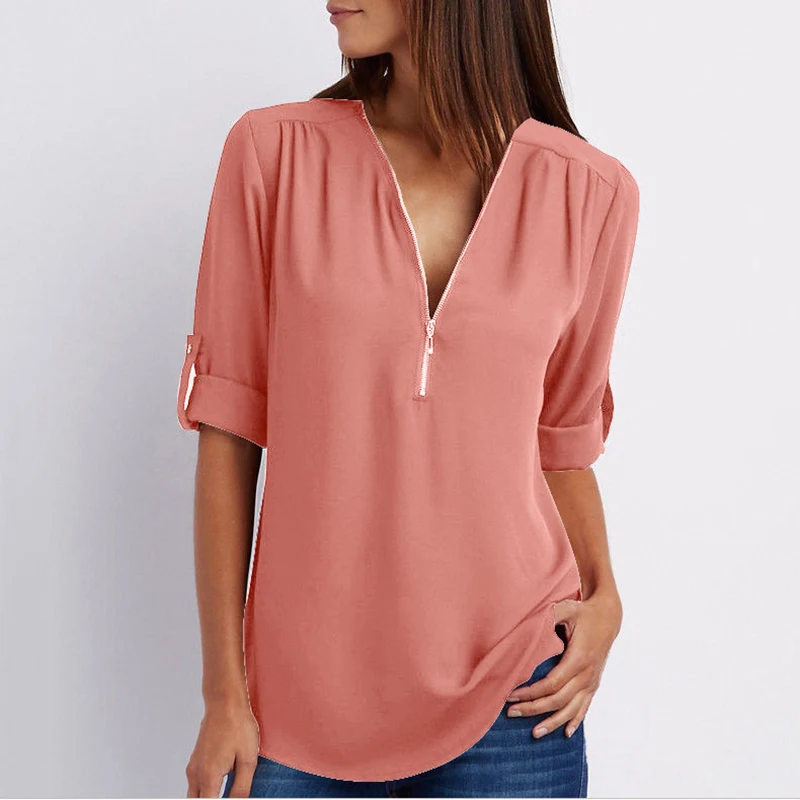 

7XL Plus Size Chiffon Blouse Shirt Women Zipped Up V Neck Long Sleeve Tops Shirts Nice Vogue Casual Loose Shirts Femme Top