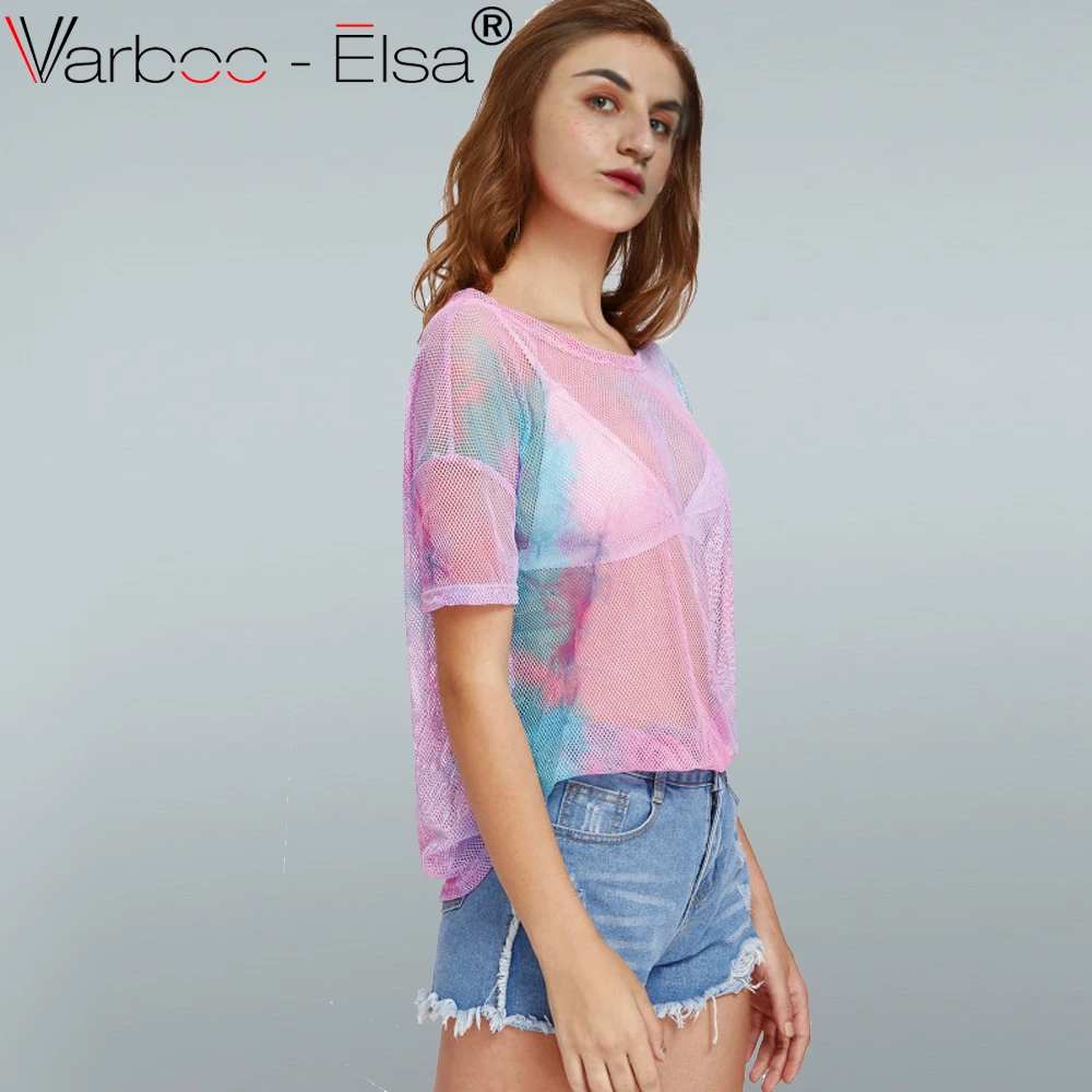 VARBOO_ELSA Для женщин Mesh T рубашка градиент цвета Перспектива Sheer рубашки женский Harajuku
