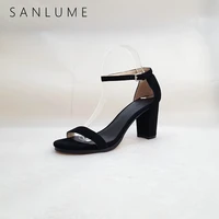 sanlume summer black suede sandals women pumps ladies genuine leather sexy shoes woman sandal ankle strap peep toe thick heels