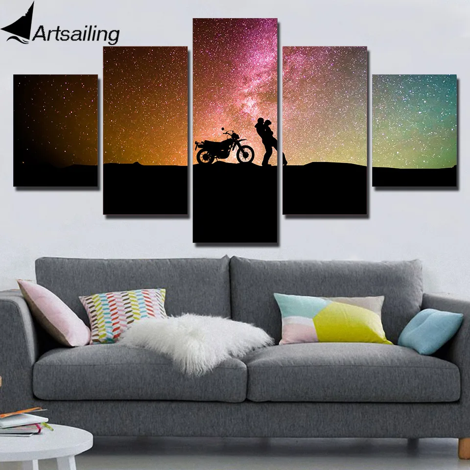

5 Pieces Canvas Prints Painting Wall Art couple silhouette motorcycle romantic kiss Modular Picture Modern Decorative Paintings