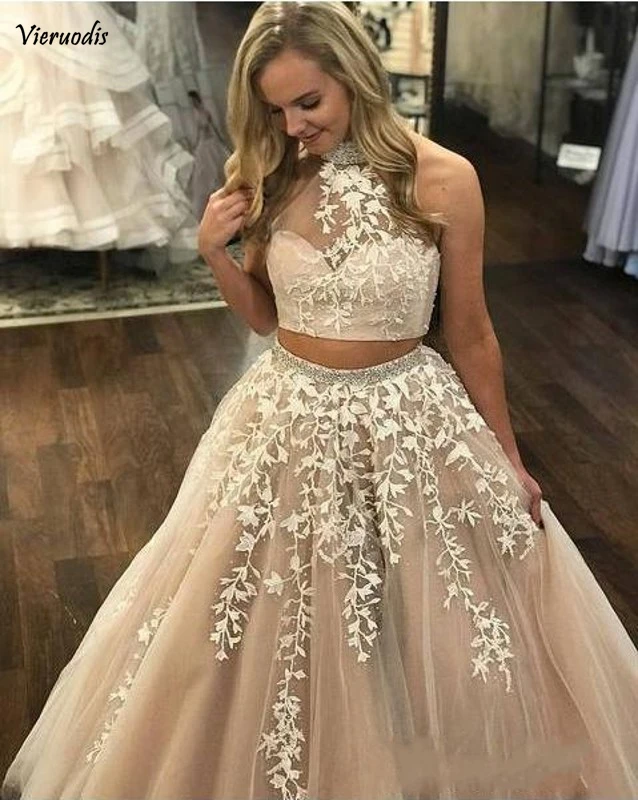 Настоящая фотография Кружева Аппликация из двух частей Выпускные платья Длинные