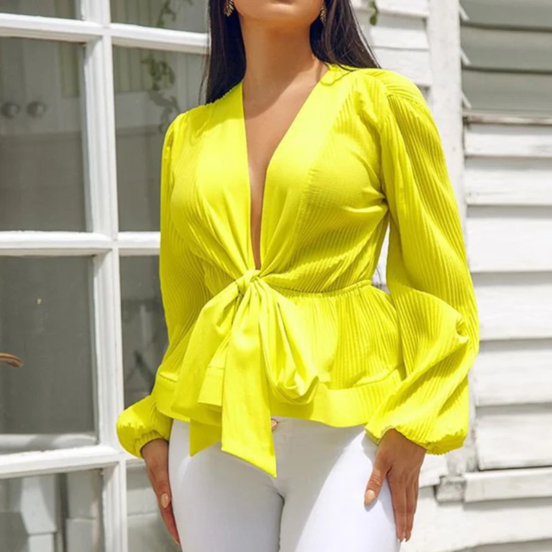 Bow tie waist ruffles hem blouse shirt women Long sleeve v neck Summer chiffon tops femme white wrap blusas streetwear | Женская одежда