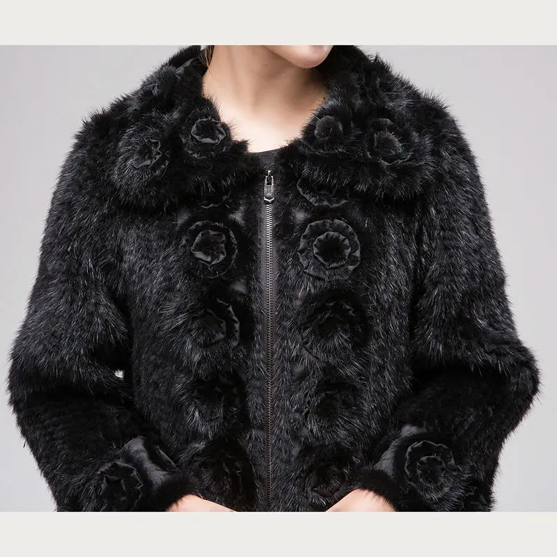 QIUSIDUN Real Mink Fur Coat Woman Winter Warm  Chinese Fur Coat Oversized Fur Collar With Natural Knitted Genuine Mink Jacket