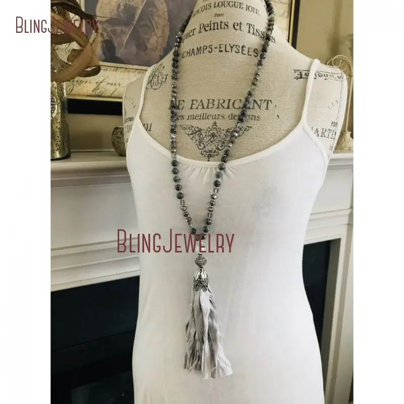 Fun Accessory Black Knot Gems Beads Necklace Shabby BoHo Gray Sari Silk Tassel NM24967 | Украшения и аксессуары