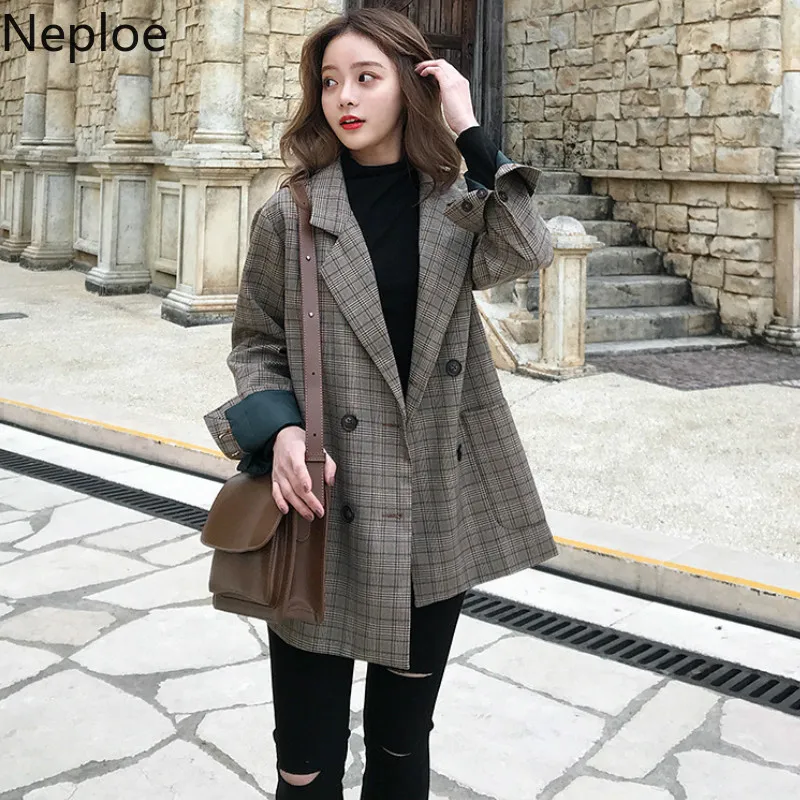 Женский клетчатый блейзер в стиле ретро с отложным воротником и длинными