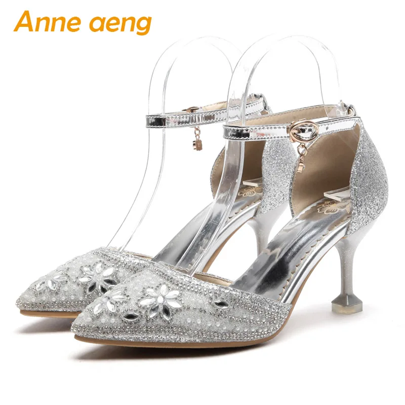 

2019 New Summer Women Sandals High Thin Heel Buckle Crystal Bridal Wedding Women Shoes Silver Female Sandals Big Size 33-48