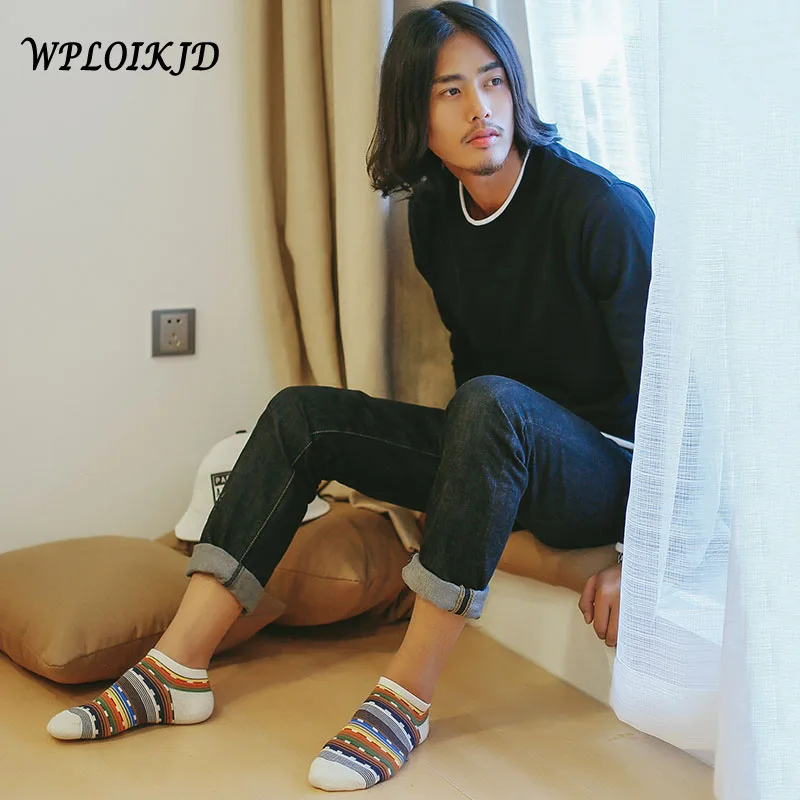 

[WPLOIKJD]New High Quality Summer Korean Fashion Cotton Men's Socks color Stripe Square Men Socks 5 Color