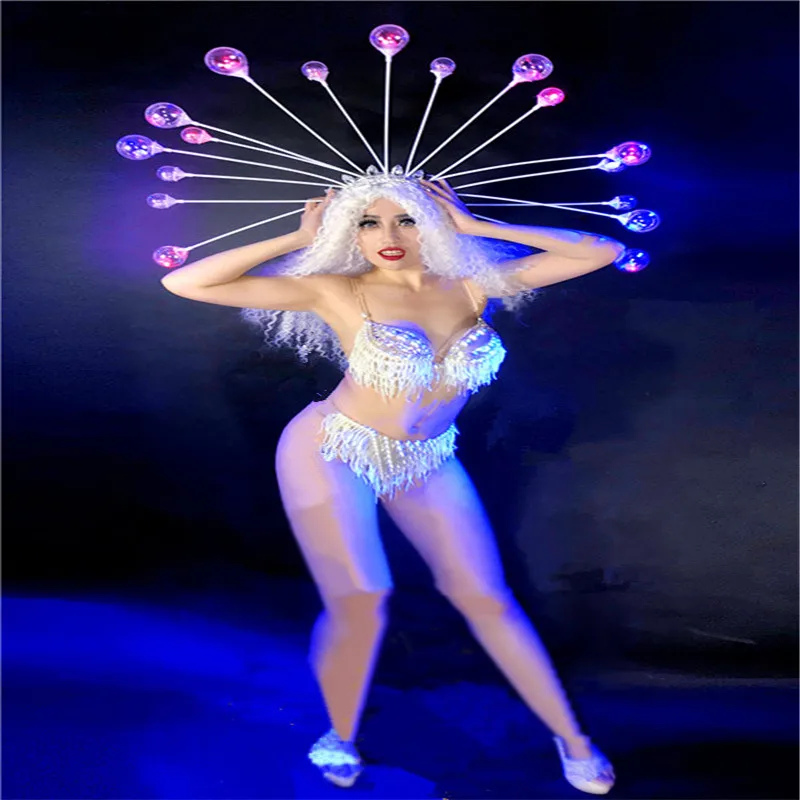 

DC44 Party cosplay female bodysuit singer perform dress led light costume Rhinestone bodysuit pearl bikini headdress led glowing