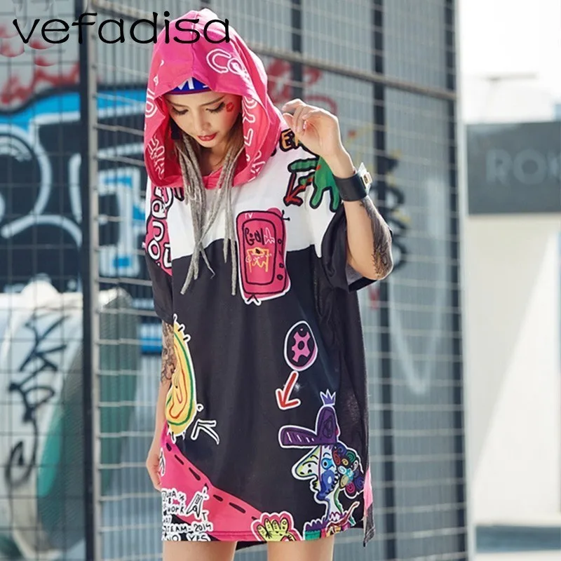 Figure Vefadisa/футболка с капюшоном и мультяшным принтом, женская черная, розовая футболка с капюшоном, футболка с коротким рукавом, платье, неровный разрез, топы ZLD814 - Цвет: Figure