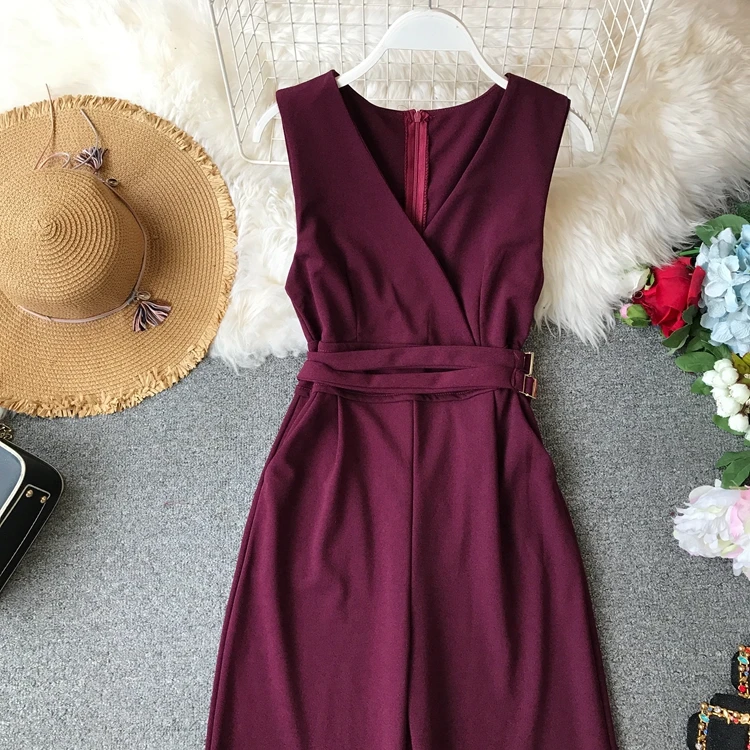 ALPHALMODA весенние женские однотонные комбинезоны без рукавов с v-образным вырезом и высокой талией с поясом Женские повседневные Комбинезоны с широкими штанинами