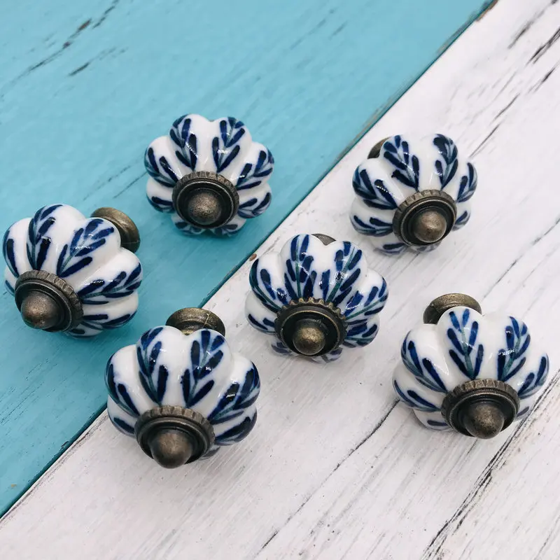 6pcs Furniture Handware 34mm Blue and White Hand Painted Pumpkin Ceramic knobs pulls for Cupboard Cabinet Door Drawer Knobs |
