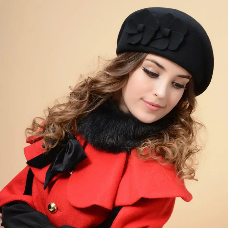 Flower French Trilby Wool Soft Stewardess Hat gorras planas New Fashion Women Beret Hat For Women Beanie Female Cap