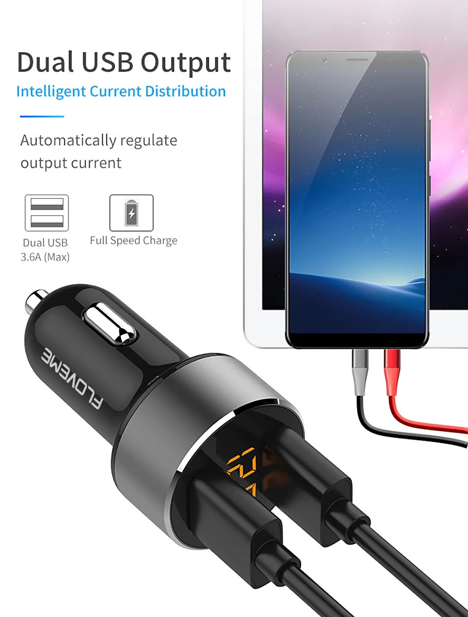 FLOVEME Dual USB Автомобильное зарядное устройство для iPhone samsung Xiaomi 5 В/3.6A Быстрая зарядка для мобильного телефона светодиодный дисплей автомобильное зарядное устройство s