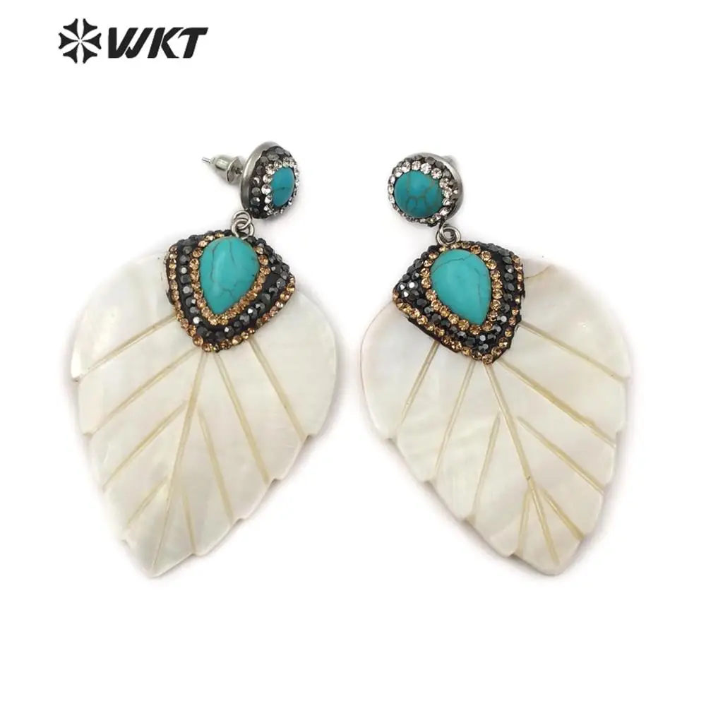 

WT-RE086 Carved Shell Earring Jewelry Leaf Shape White Shell With Turquoises Stud Rhinestone Pave Earring Women Earring Jewelry