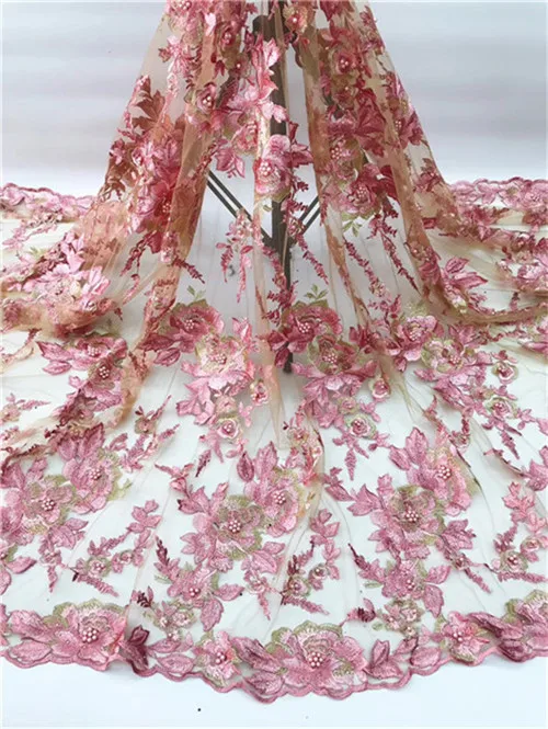 

Nigerian Lace Fabrics 2019 French Lace Fabric High Quality 3D Beaded Lace Union African Lace Applique Fabric For Dress pink