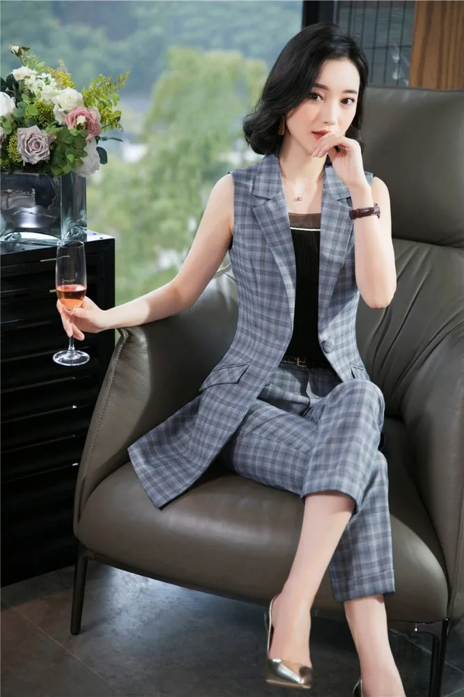 Blue Plaid Новинка, клетчатые Летние Формальные женские деловые костюмы с жилетом и брюками, OL стили, жилет, брючные костюмы, блейзеры, комплекты брюк - Цвет: Blue Plaid