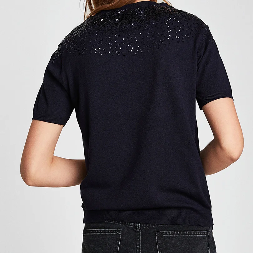 Arvinxia ZA Fashion Solid Color Slim O Neck Collar Woman Sweaters New Dot Sequinied Lady Pollovers Chic Short Sleeve Shirts | Женская