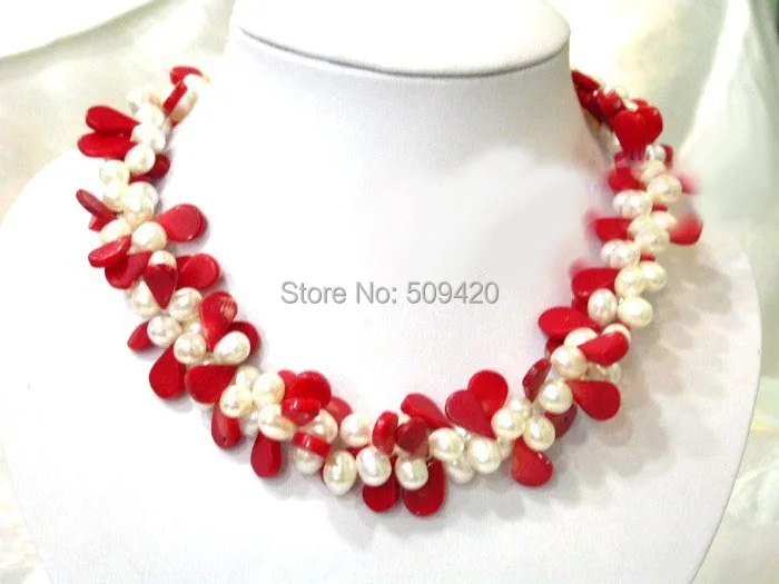 

Free Shipping >> Authentic crude 8mm white pearl and red coral Necklace 18"