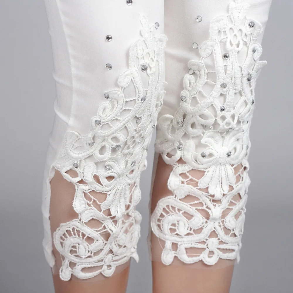 Размера плюс 4XL женские летние штаны с кружевом кроше Стразы обтягивающие
