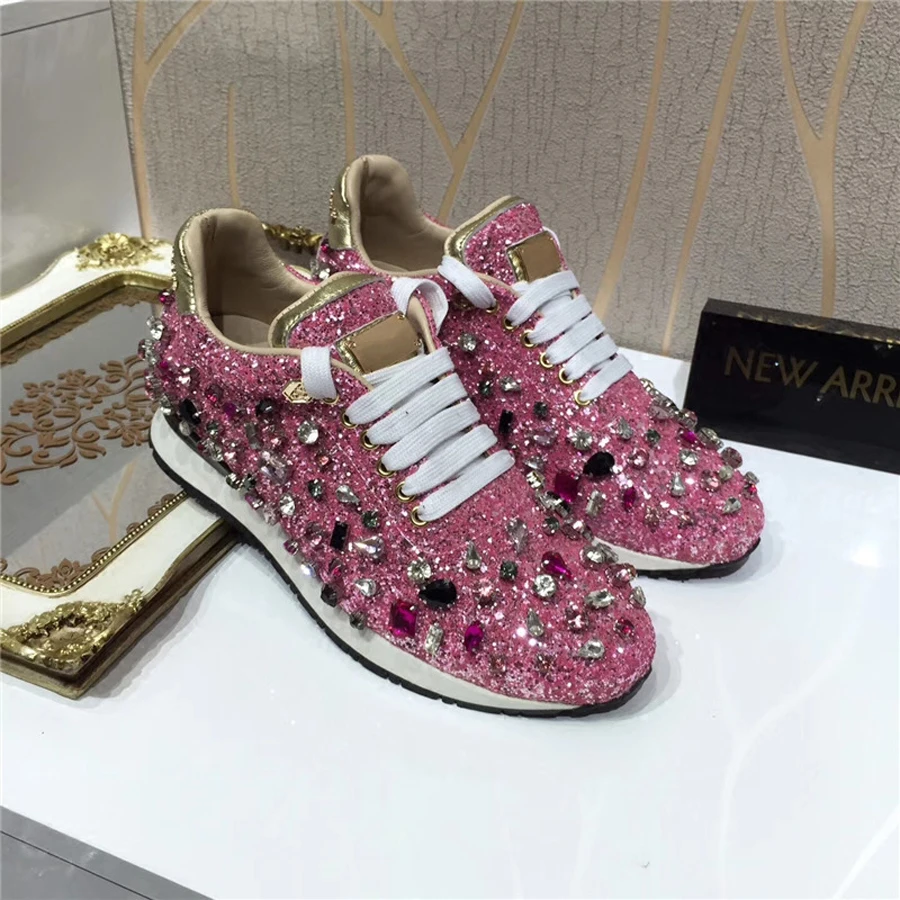 Prova Perfetto bling diamond женская повседневная обувь на шнуровке Стразы sequine кроссовки обувь на толстой подошве модная обувь для девочек