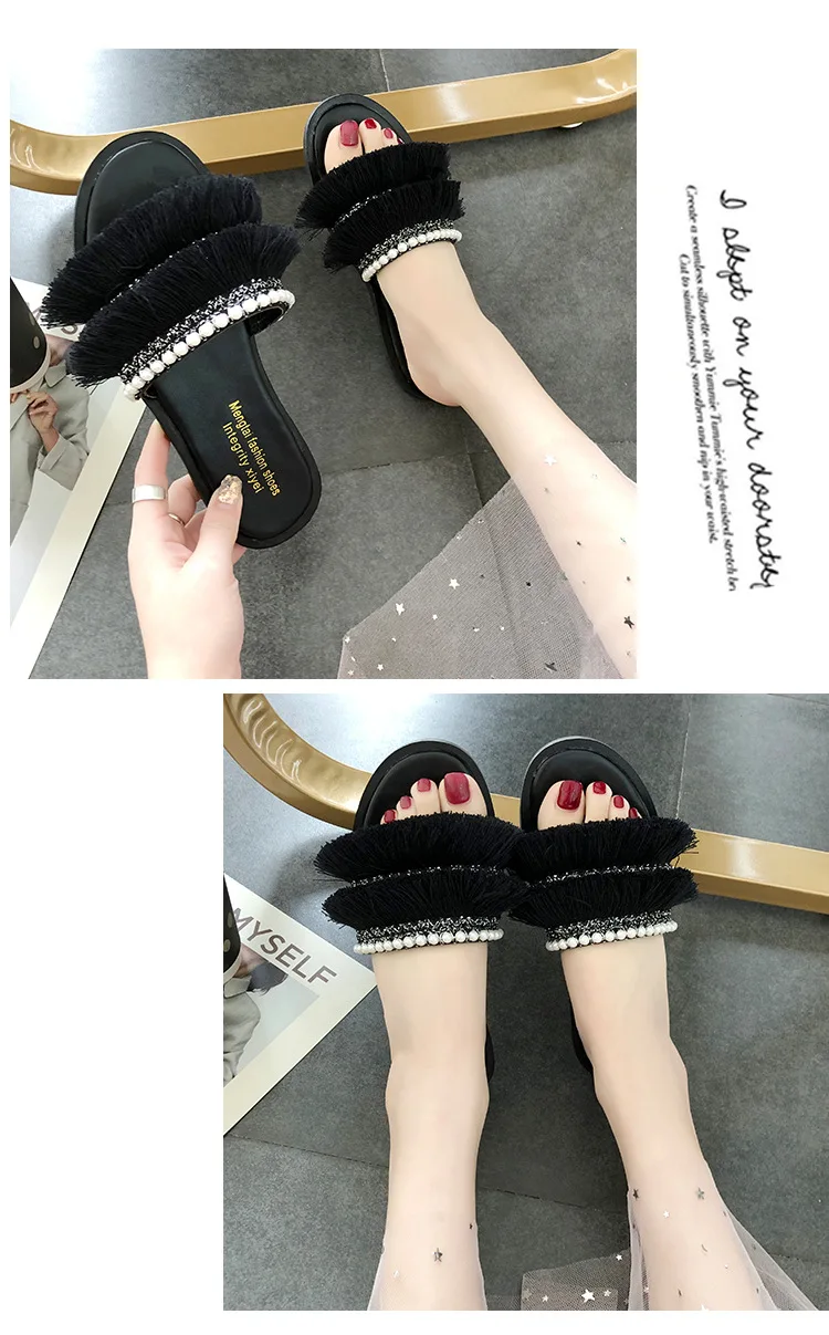 Лето; с бахромой; шлепанцы; женская уличная обувь без застежки на плоской подошве; женские шлепанцы с открытым носком размера плюс; Вьетнамки; пляжная обувь в богемном стиле