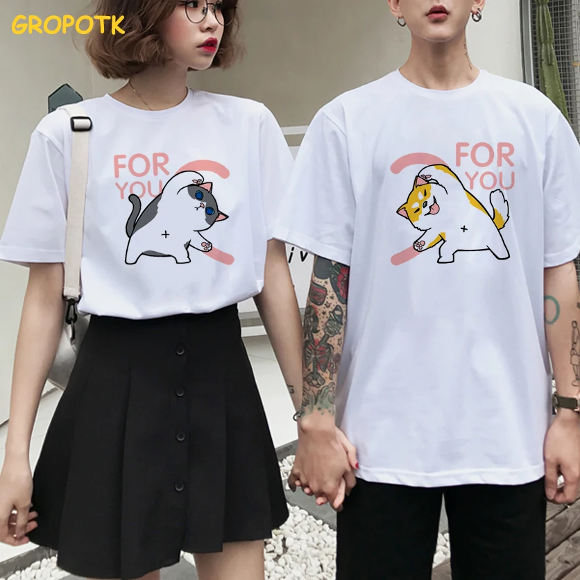 Love for You, одежда для пар с принтом кота и собаки, летняя женская футболка из хлопка, Kawaii Harajuku, парные футболки для мужчин и женщин