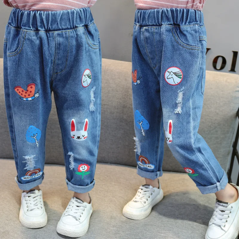 Джинсы для девочек весенние новые детские джинсовые штаны с рисунком Детские