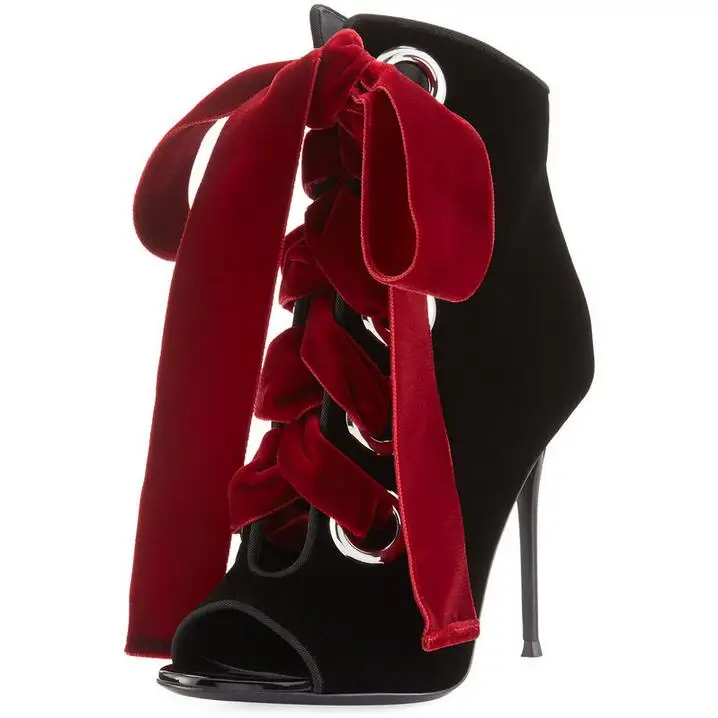 Горячая Распродажа красные бархатные ботильоны на шнуровке черные ботинки для