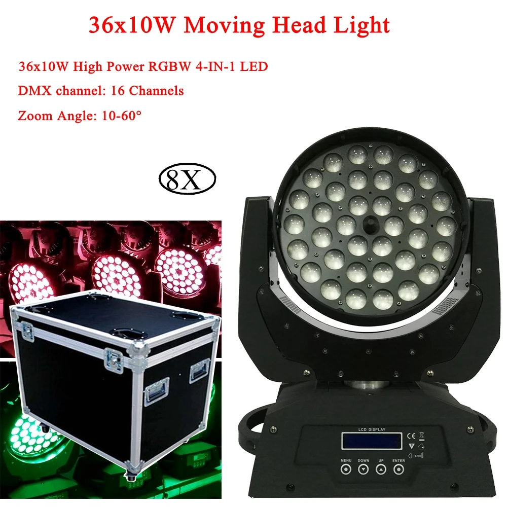 

8 шт./лот 36x10 Вт RGBW 4-в-1 зум моющийся движущийся головной свет DMX512 светодиодный движущийся головной сценический Свет Звук и профессиональное ...
