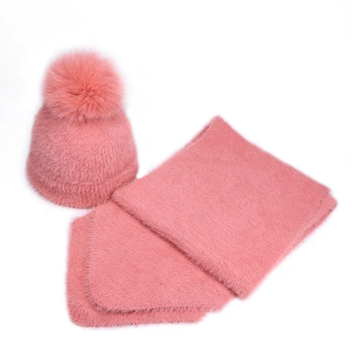 Pink 1 - Set Зимняя винтажная женская и детская шапка из искусственного меха норки, шарф, комплект, однотонные дамские шапочки, шапки, шарфы, шапки для девочек с помпоном из меха лисы - Цвет: Pink 1 - Set