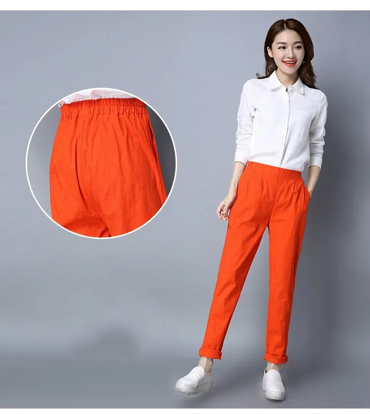 

New Women Spring Autumn Long Trousers Solid Elastic Waist Cotton Linen Pants Full Length Haren Pants Pantalon Femme