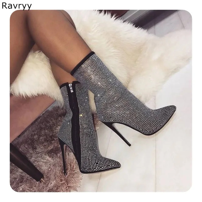 

Ins Fashion Women black short boots autumn bling bling rhinestone thin heel pointed toe female shoeswoman party dress shoes