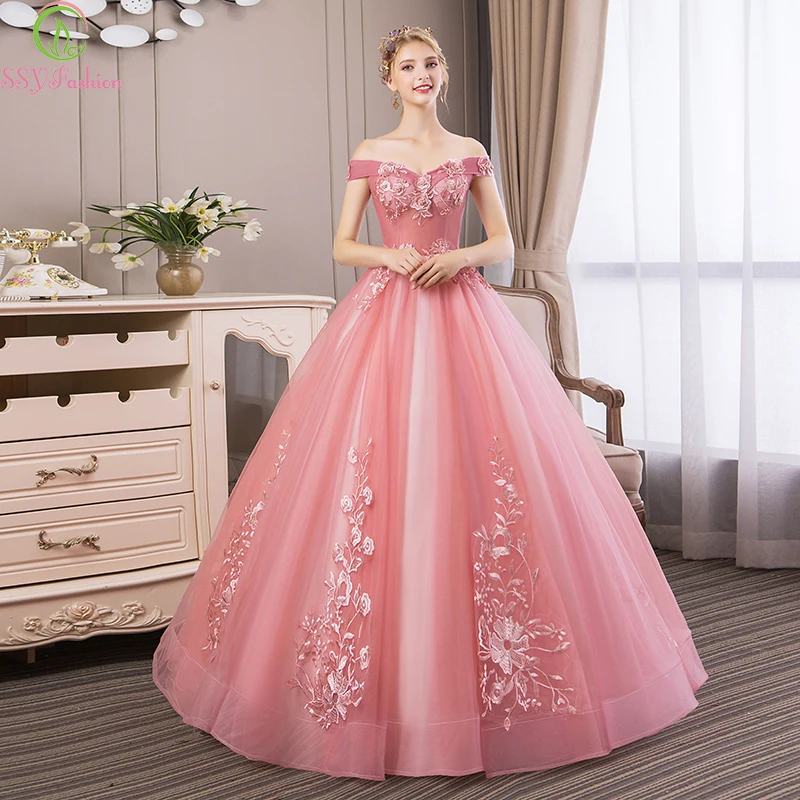 SSYFashion новые бальные платья Сладкие розовые кружевные цветы Бисероплетение Длина до пола бальное платье Формальное вечернее платье Robe De Soiree