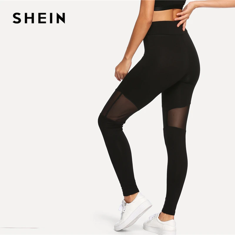 SHEIN черные повседневные сексуальные контрастные сетчатые контрастные обтягивающие однотонные леггинсы летние женские брюки