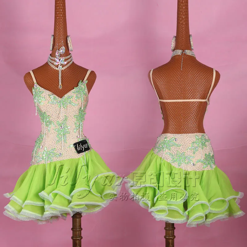

Latin Dance Competition Costume Performance Fluorescent Green Embroidery Whole Water Drill Fishbone Curling Skirt for Adults