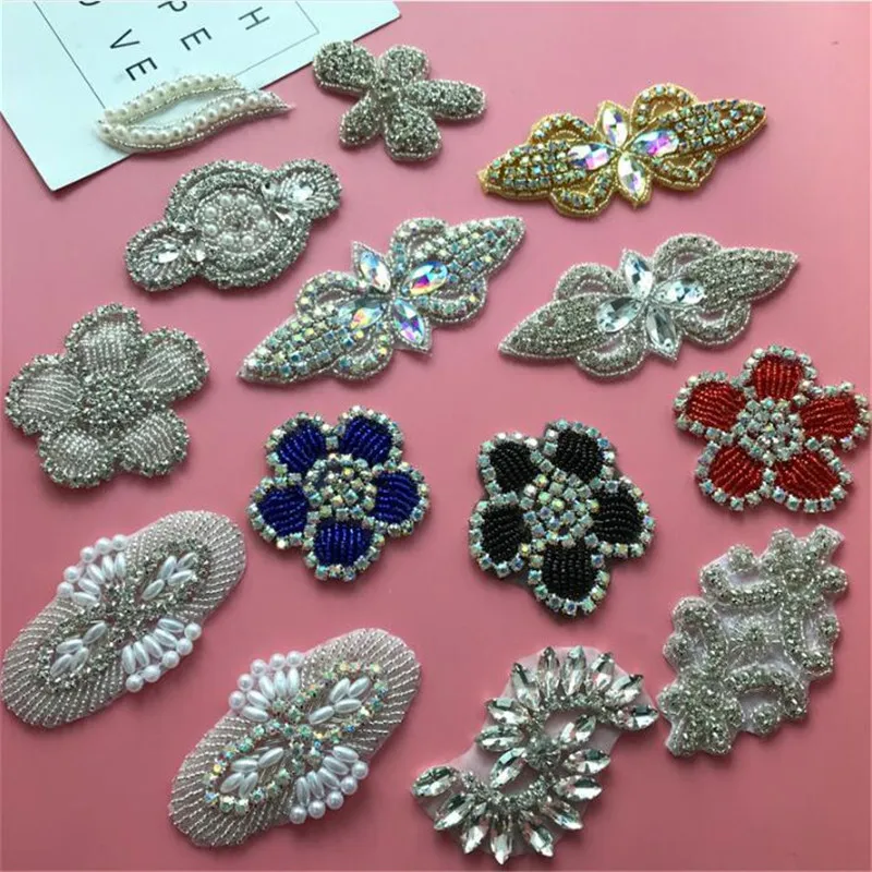 4Pcs Bling Handmade Iron On Beaded Crystal Clear AB Rhinestone Applique for Wedding Ornaments Baby Girl Hair Accessories | Дом и сад
