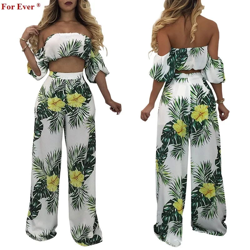 2019 летние женские короткие комплекты с принтом листьев сексуальный топ и брюки