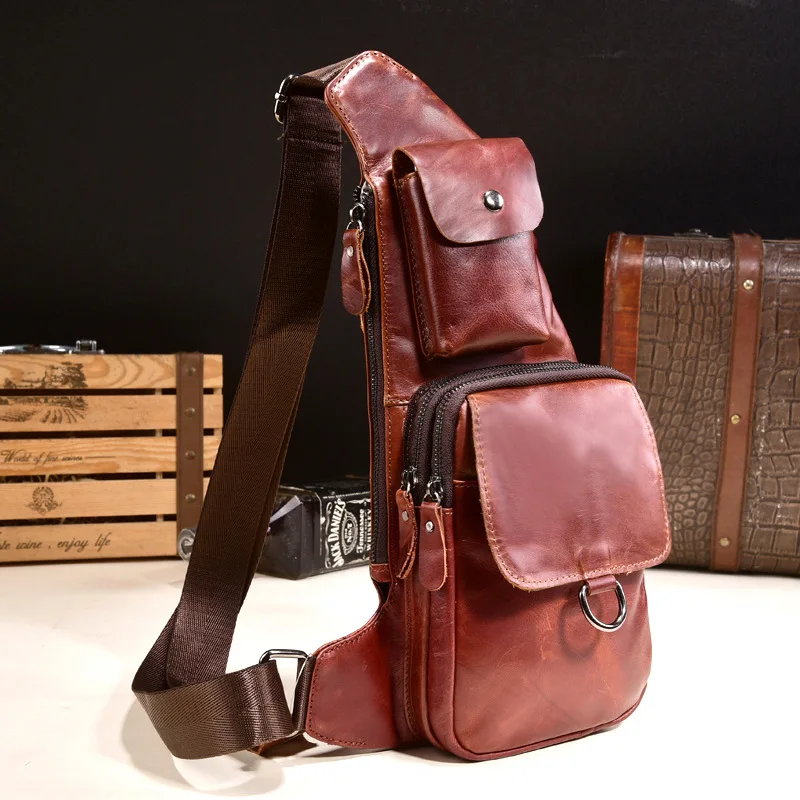Cowhide Leather Vintage Men Sling Chest bag Half Moon chest pack Travel Cross Body Messenger Shoulder Bag mobile phone | Багаж и сумки