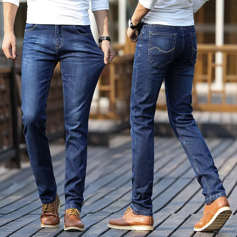 005 blue jeans GEJIAN мужские новые джинсы, летние модные Стрейчевые джинсы, повседневные Прямые прямые брюки, однотонные дышащие деловые джинсы для мужчин - Цвет: 005 blue jeans
