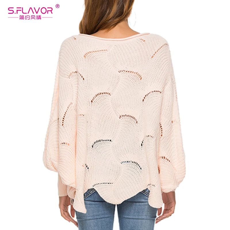S.FLAVOR New Fashion O Neck Hollow Out Pullover Winter Batwing Sleeve Loose Sweater Women Pull Knitwear Sexy Sweaters | Женская одежда